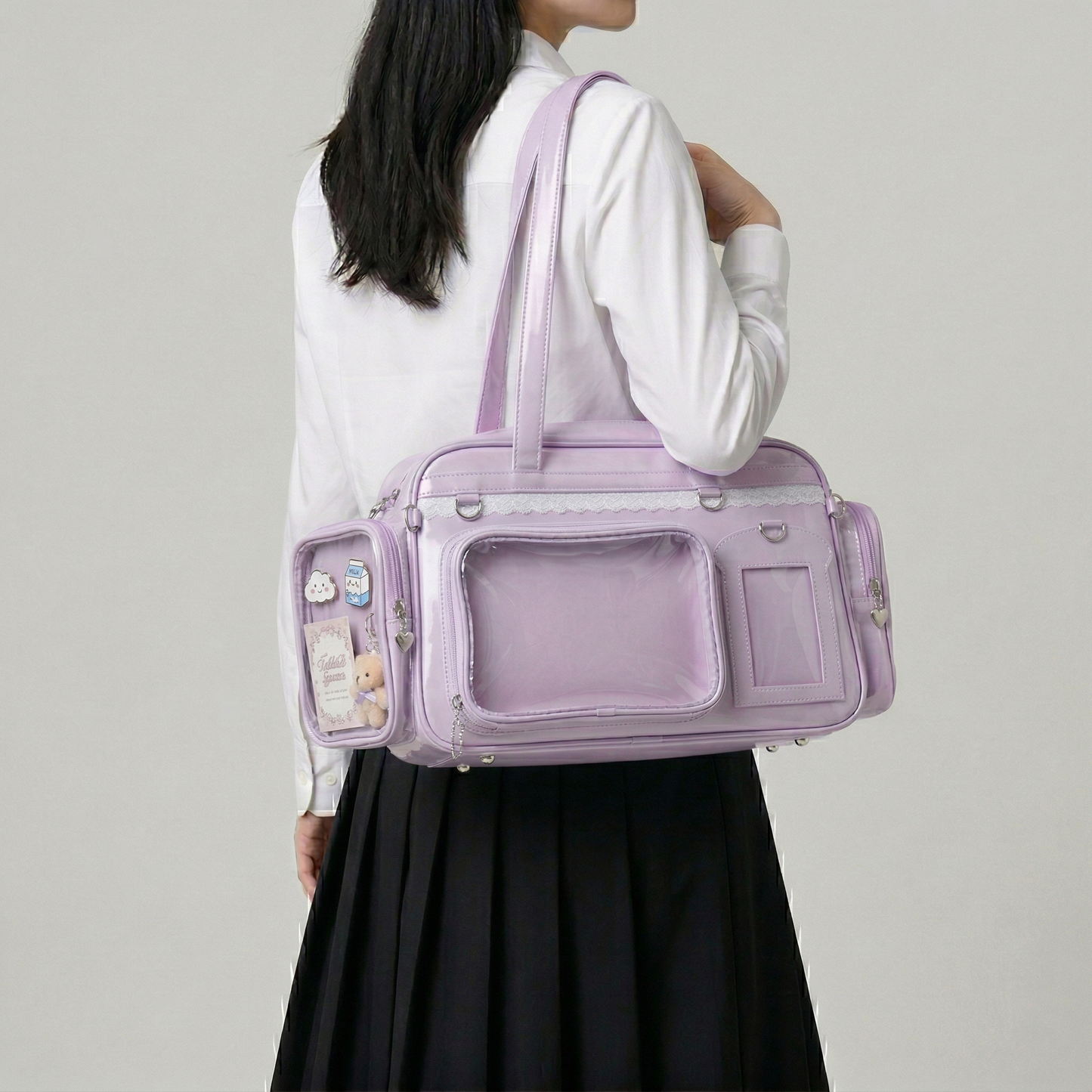 Naga Y2K Dopamine Elongated Cylinder Duffle Large Silver Ita Bag | Cute Kawaii itabag backpack, Custom Anime Oshikatsu Window Display Bag