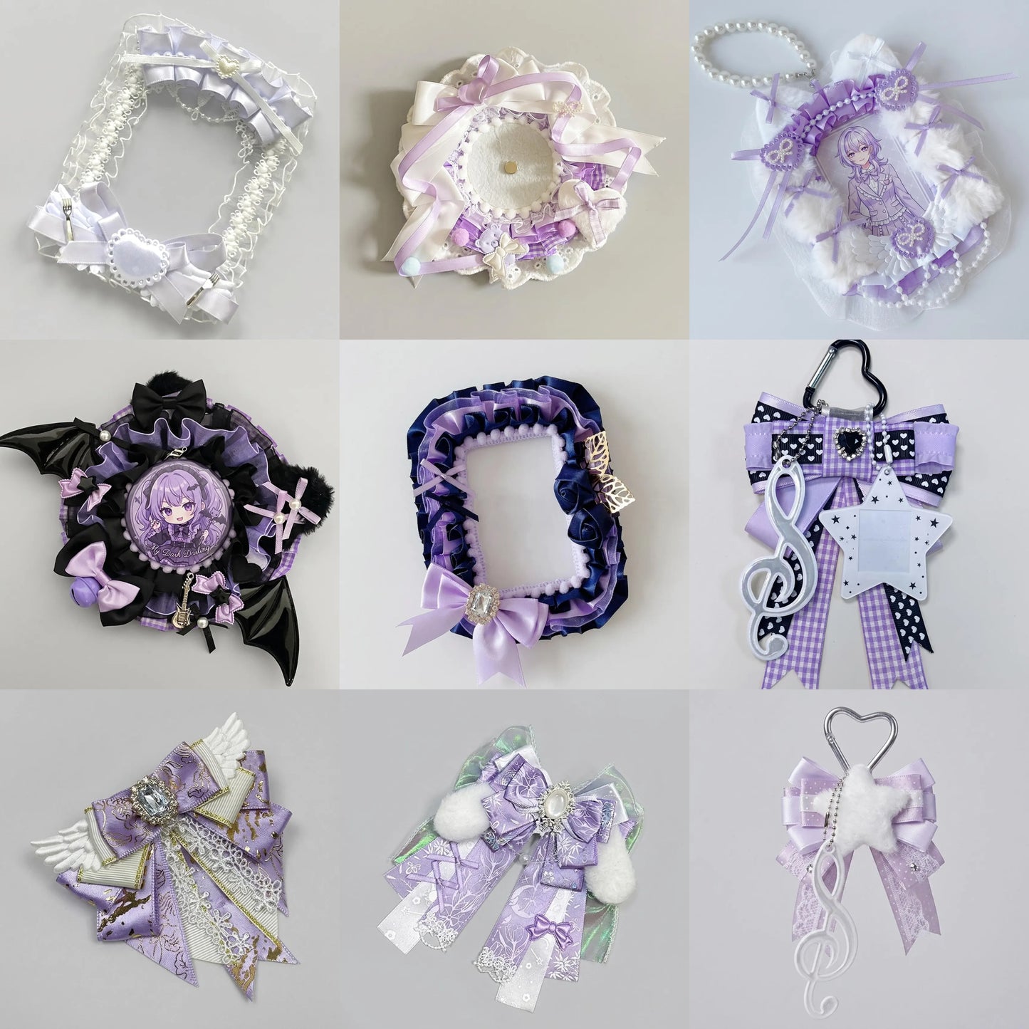 Purple Ita Bag Accessories Set | Ribbon Bow Charm, Pin Holder, Photocard Holder, Ita Bag Accessories, Oshikatsu Decor