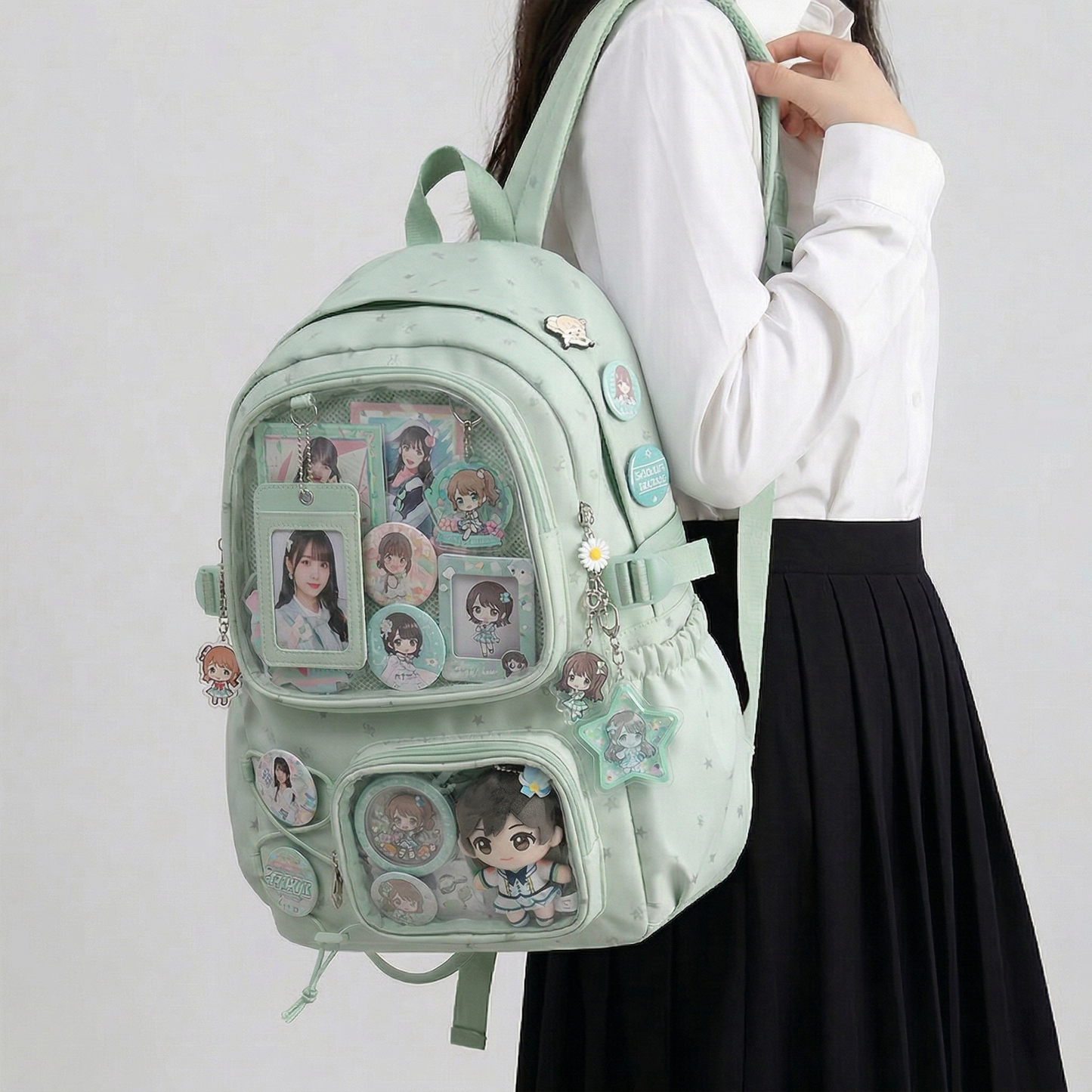 Nova the Y2K Dopamine Multi Pocket Large Green Ita Bag Backpack with Custom Accessories | Oshikatsu Cute Kawaii Anime Itabag Daypack