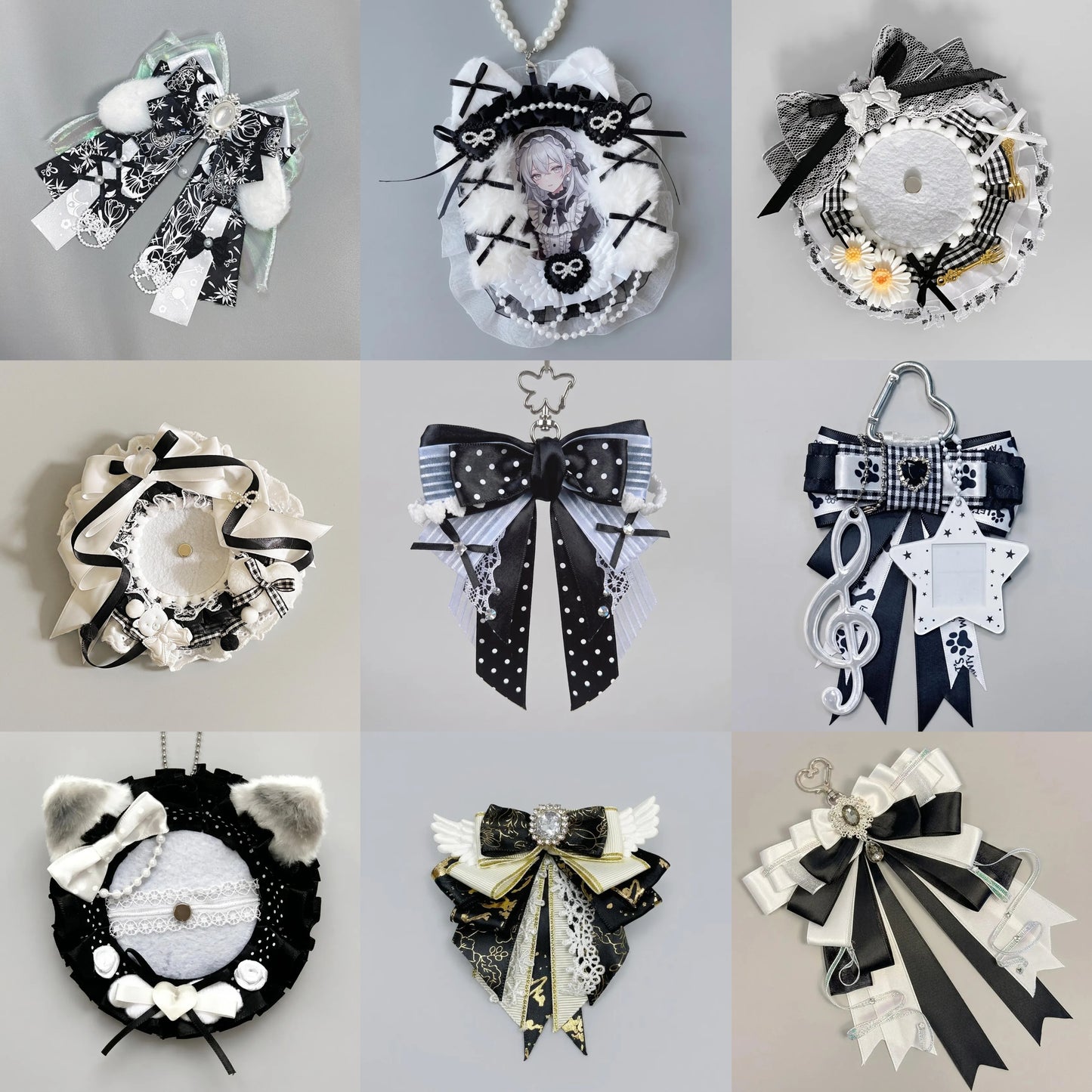 Black Ita Bag Accessories Set | Ribbon Bow Charm, Pin Holder, Badge Holder, Photocard Holder, Ita Bag Accessories, Oshikatsu Decor