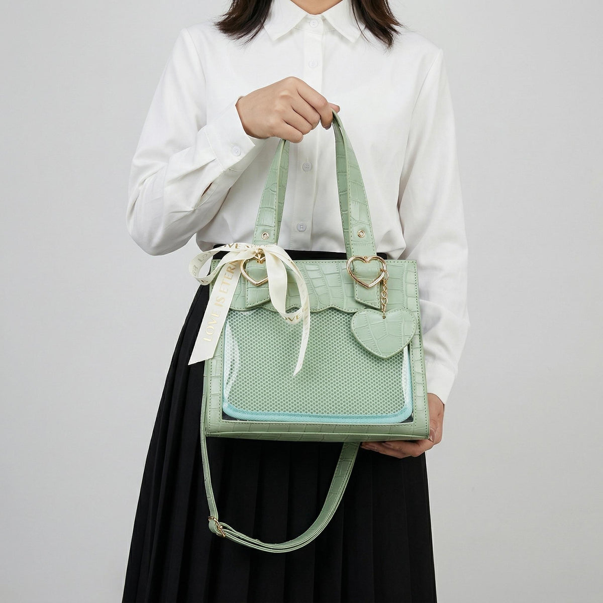 Aoi Croco Shoulder Ita Bag lifestyle product view showing display window and carrying style