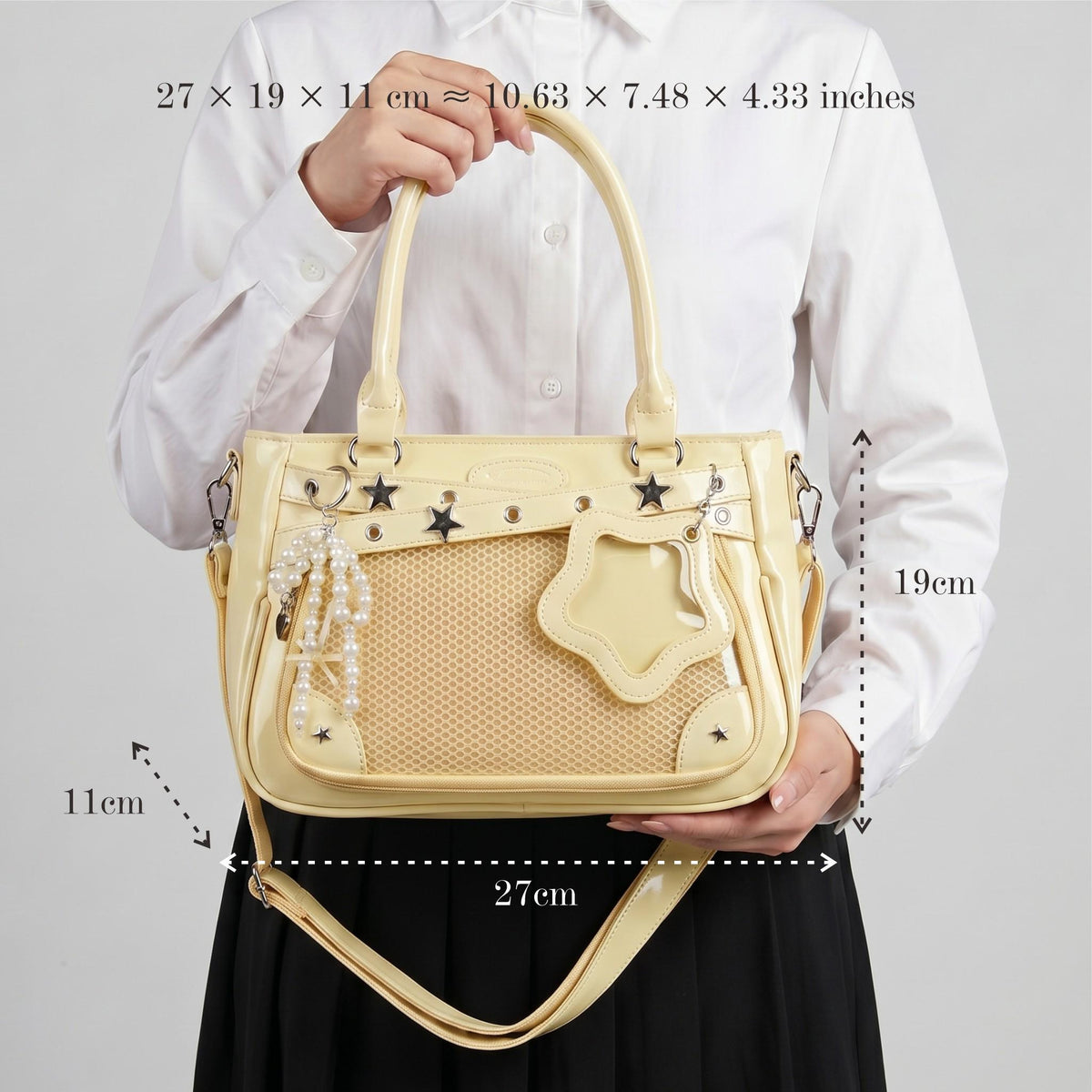 Yume Dual Window Shoulder Ita Bag back panel view showing clean PU leather exterior and strap attachment