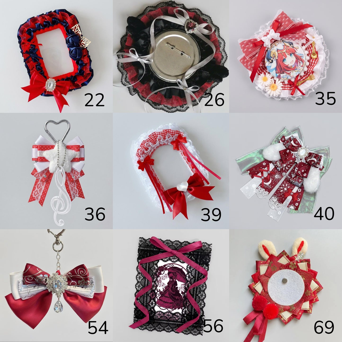 Red Ita Bag Accessories Set | Ribbon Bow Charm, Pin Holder, Badge Holder, Photocard Holder, Ita Bag Accessories, Oshikatsu Decor