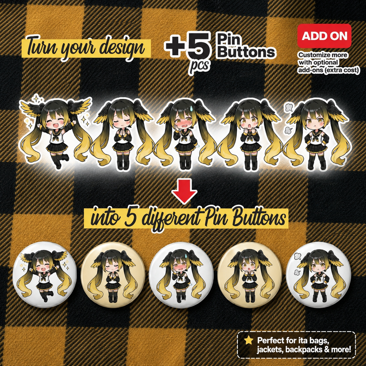 Custom pin add-on showing artwork converted into five round pin buttons