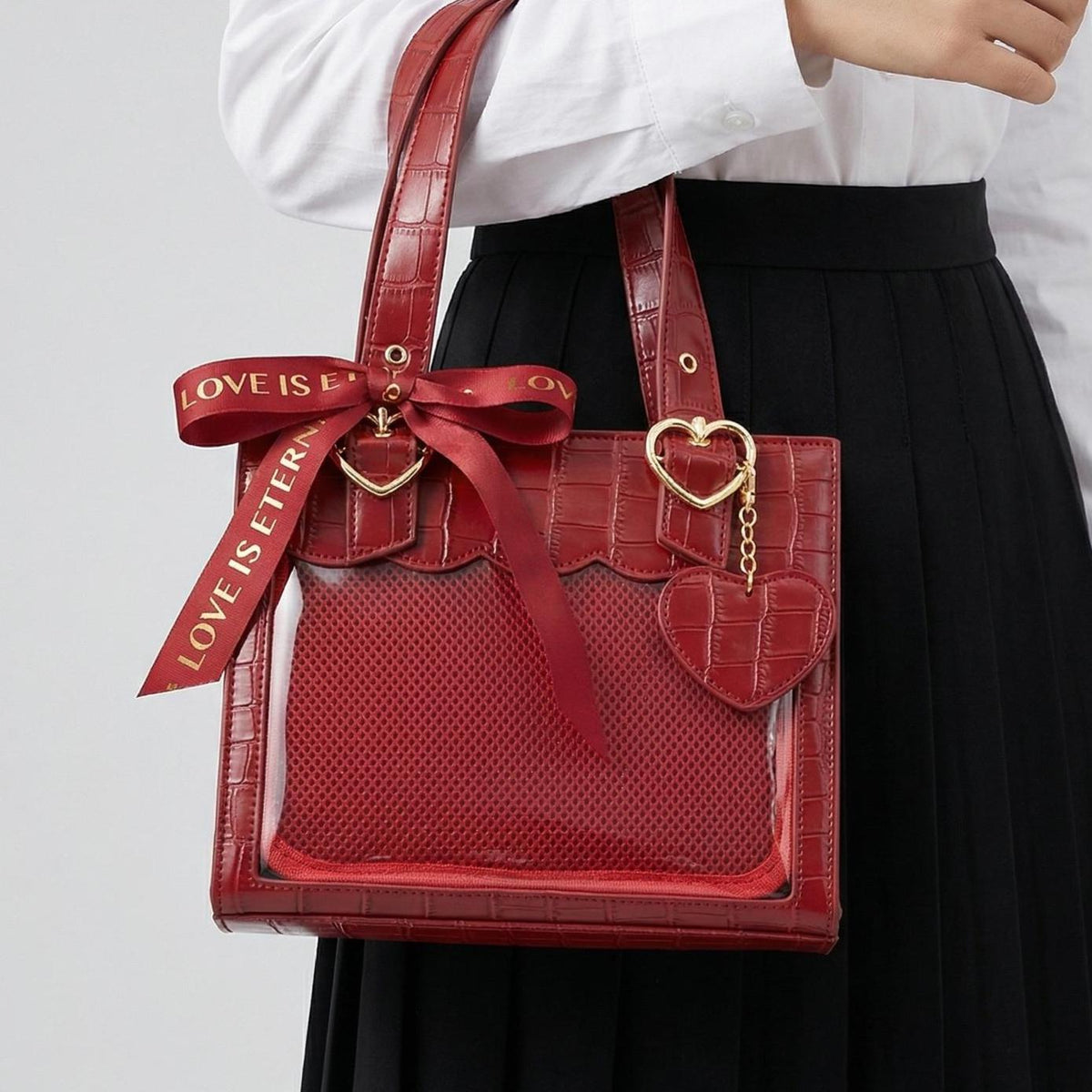 Aoi Croco Shoulder Ita Bag alternate angle showing front display window and shoulder strap