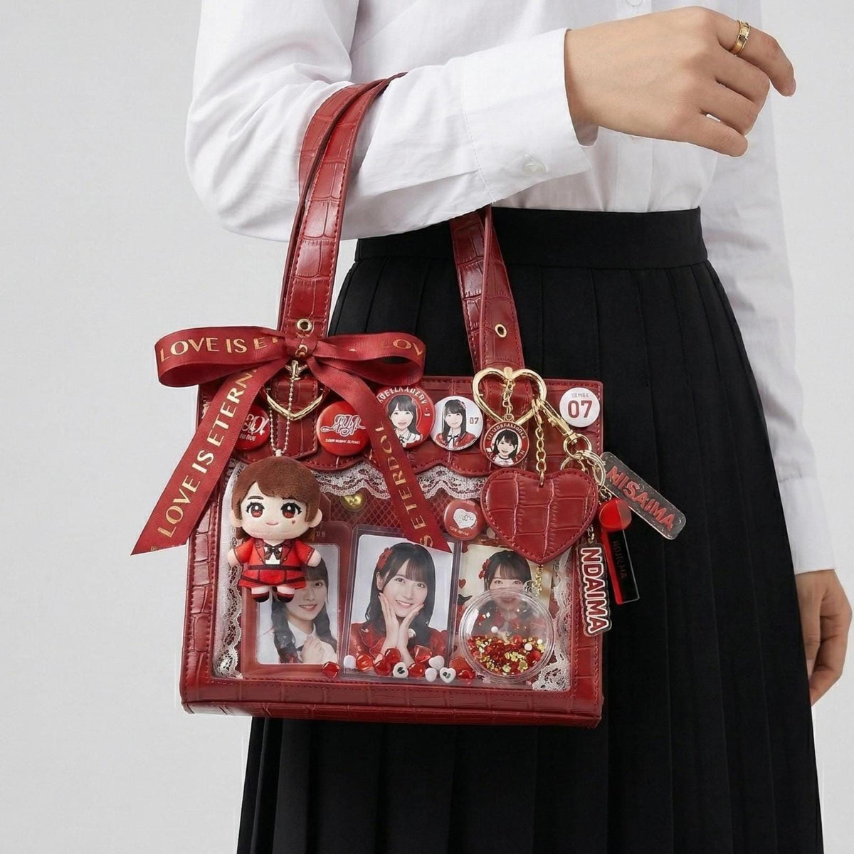 Aoi Croco Shoulder Ita Bag front view showing clear display window and structured PU leather body