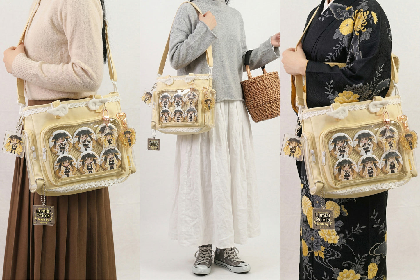 Amai Y2K Dopamine Sweet Lace Trim Crossbody Multi Pocket Yellow Ita Bag | Kawaii itabag backpack, Custom Anime Oshikatsu Window Display Bag