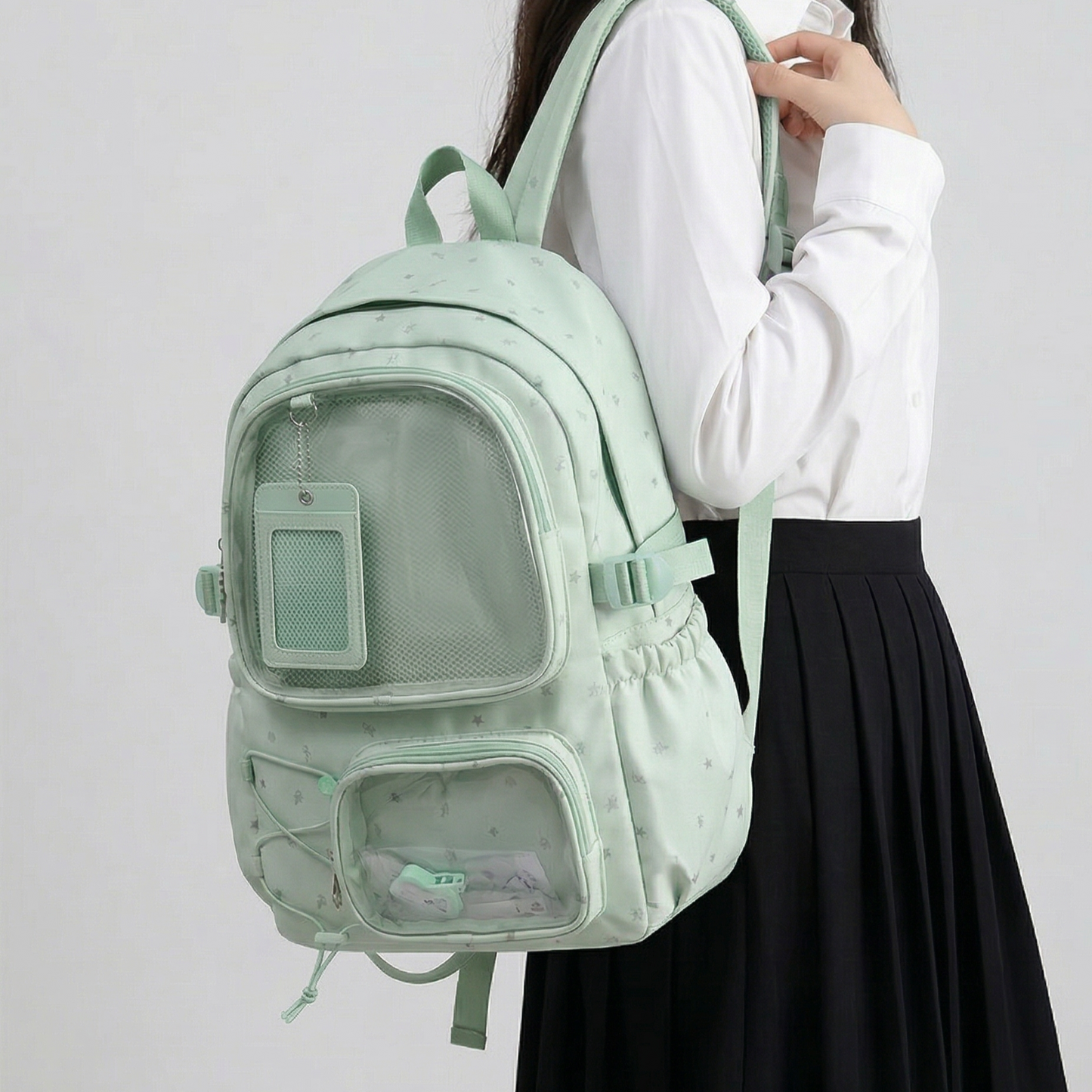 Nova the Y2K Dopamine Multi Pocket Large Green Ita Bag Backpack with Custom Accessories | Oshikatsu Cute Kawaii Anime Itabag Daypack
