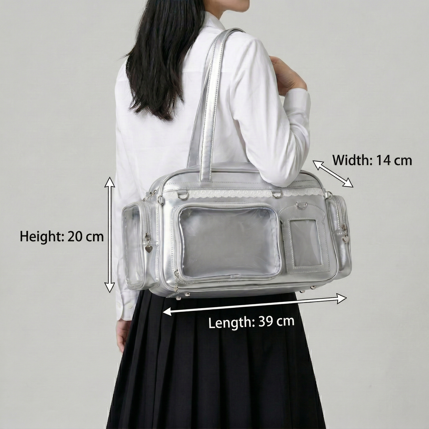 Naga Y2K Dopamine Elongated Cylinder Duffle Large Silver Ita Bag | Cute Kawaii itabag backpack, Custom Anime Oshikatsu Window Display Bag