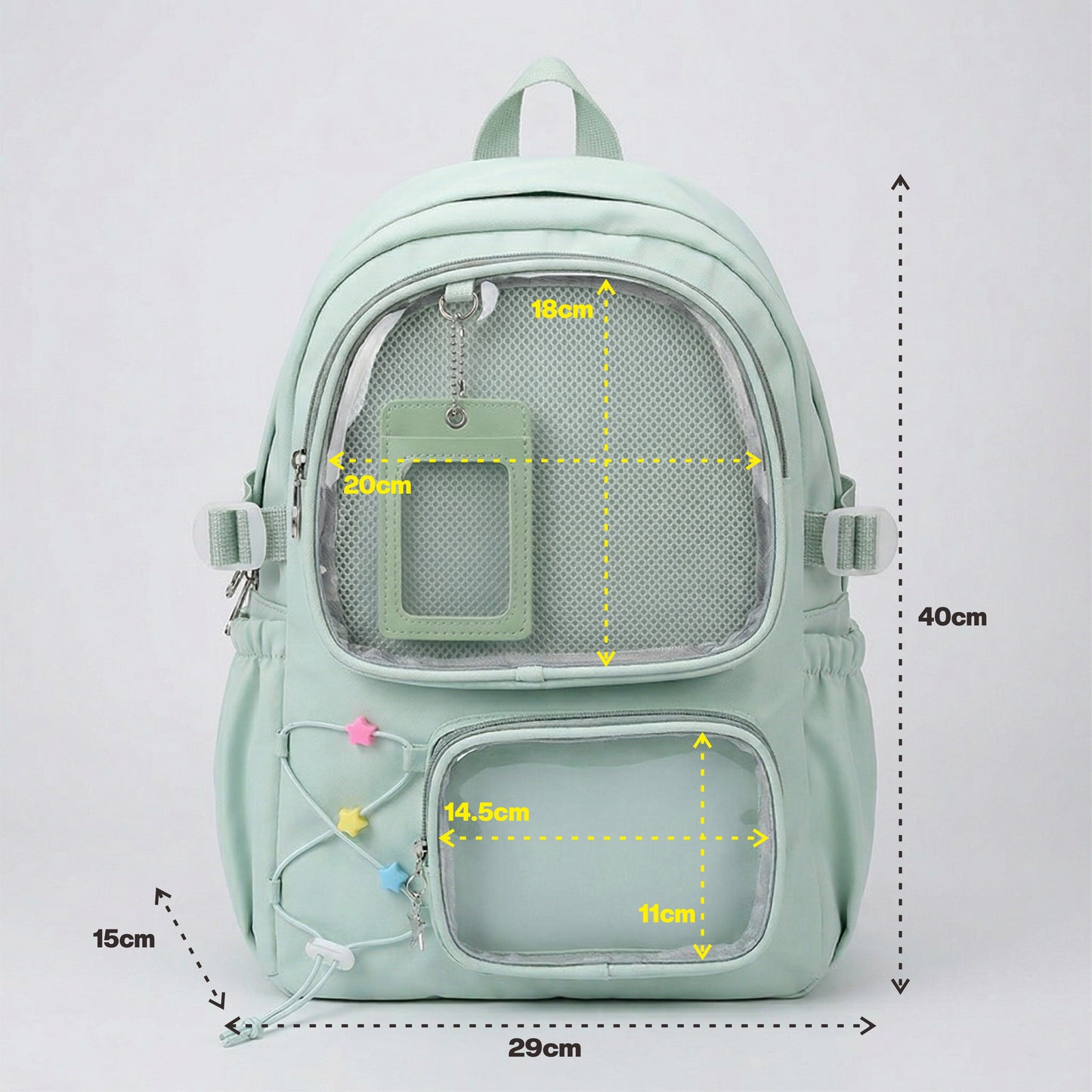 Nova the Y2K Dopamine Multi Pocket Large Green Ita Bag Backpack with Custom Accessories | Oshikatsu Cute Kawaii Anime Itabag Daypack