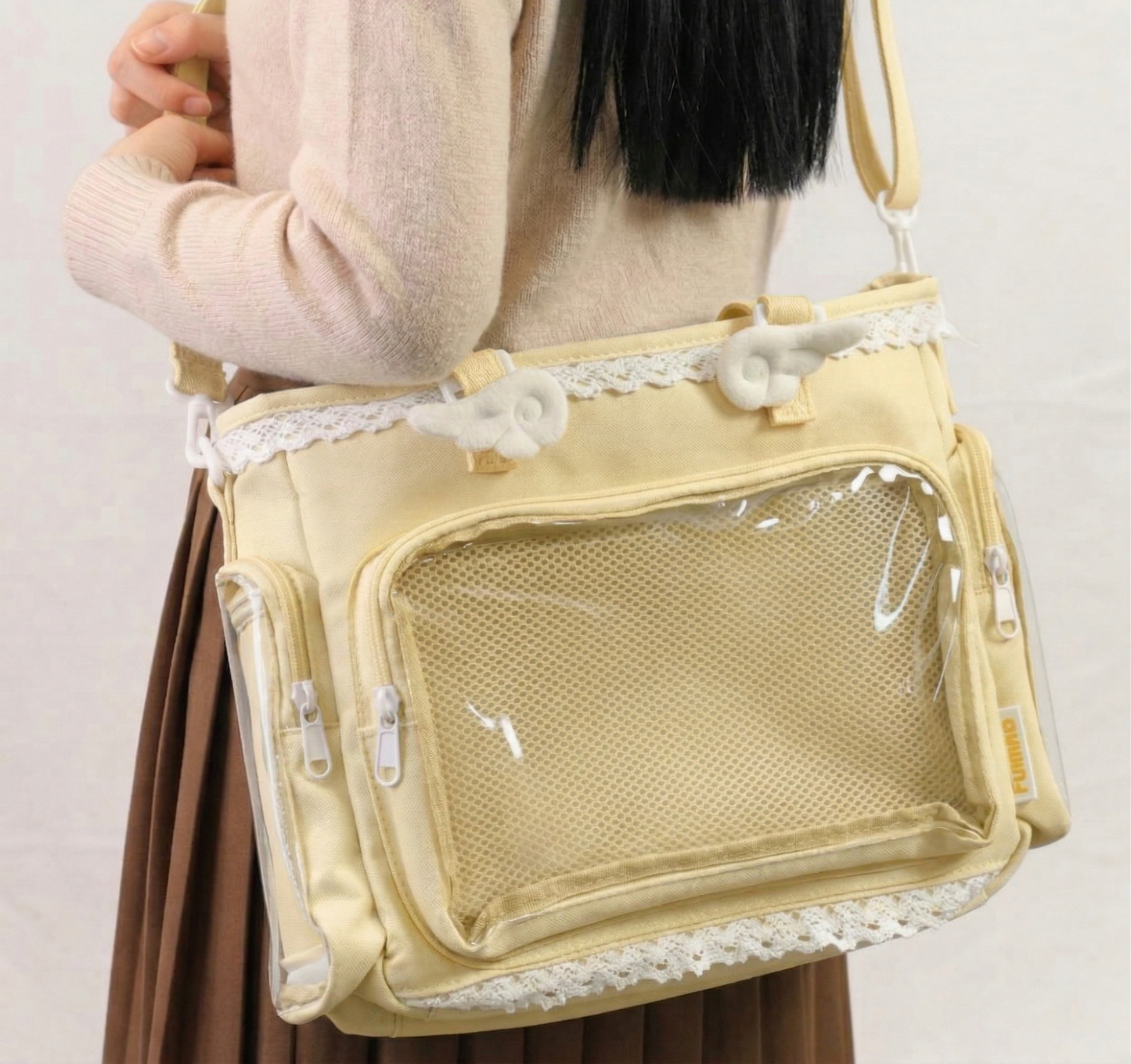 Amai Y2K Dopamine Sweet Lace Trim Crossbody Multi Pocket Yellow Ita Bag | Kawaii itabag backpack, Custom Anime Oshikatsu Window Display Bag